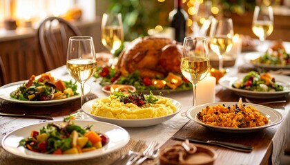 A close-up view of a Thanksgiving dinner table filled with turkey, mashed potatoes, wine, mac & cheese, salad, and fruits, captured in a cinematic shot with rich, dramatic lighting and festive warmth