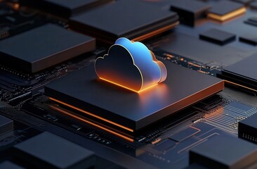 3D illustration of a glowing blue cloud icon floating on top of an electronic circuit board, symbolizing the concept of virtualized and data center-based cloud computing with soft.