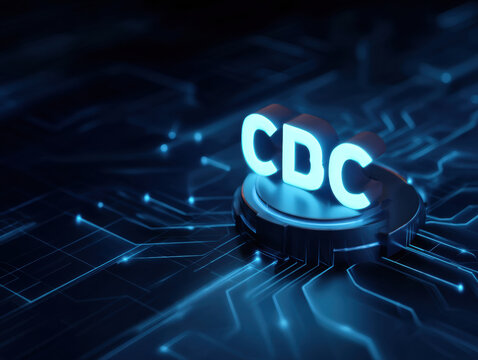 futuristic representation of the CDC logo set against a dark, digital background, symbolizing technology and health.