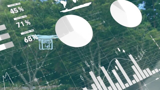 Grassy clearing showing data overlay then white quadcopter drone entering frame, updating analytics