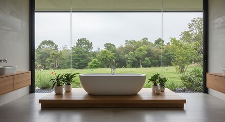 Freestanding tub on wooden platform
