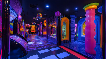 Colorful candy themed entertainment venue interior