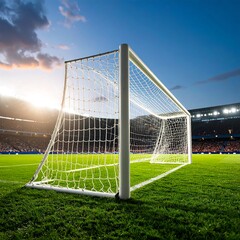 Fototapeta premium Soccer goal in stadium at sunset