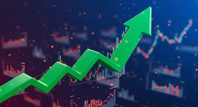 Financial growth concept with a green upward arrow over stock market charts. Business success, economic uptrend, and investment profit.
