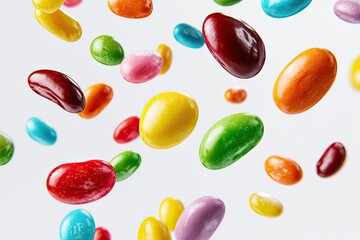 Colorful jelly beans in mid-air, various hues,  vibrant