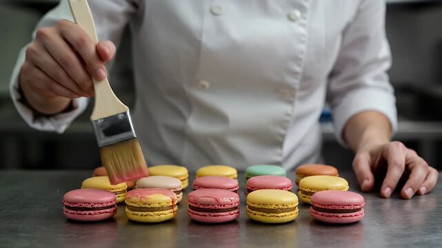 Close Up of Baker Glazing Pastel Macarons with Precision on Stainless Steel Surface Emphasizing Culinary Artistry Loopable Smooth Animation Displaying Professional Touch and Sweetness for Dessert
