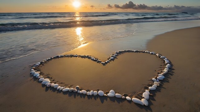 Romantic heart shape drawn on sandy beach with gentle ocean waves in background, symbolizing love, summer memories, and peaceful coastal serenity at sunset. - Powered by Adobe