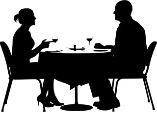 A silhouette of a couple dining outdoors at a café table at dusk.
The woman sits on the left with her hair in a bun, and the man on the right has a shaved head. They are both mid-meal, facing each oth