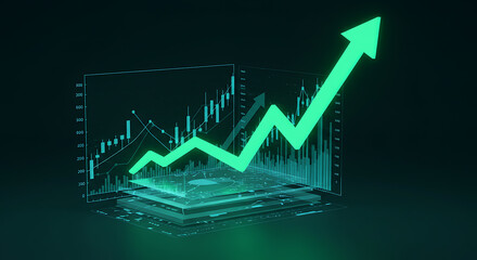 Abstract concept of business growth and success with a futuristic financial data graph and an upward arrow