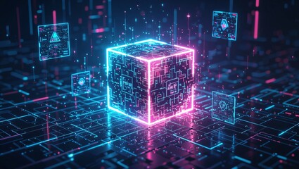 Cyber Cube: A futuristic digital cube pulsates with neon blue and pink lights, a beacon of innovation, set against a circuit board-style backdrop.