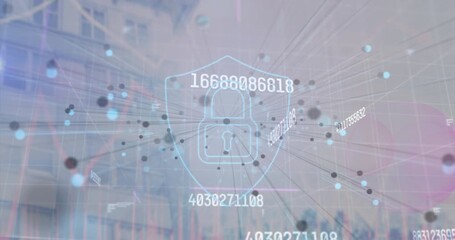Numeric strings appearing around shield lock causing grid extending and graph rising securing data - Powered by Adobe