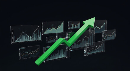 3D rendering of a green arrow pointing upwards, symbolizing financial growth and success, set against a background of data charts and graphs.
