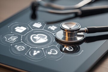 Medical tablet with stethoscope and health icons.  