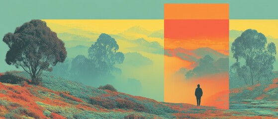Colorful landscape with a figure exploring nature