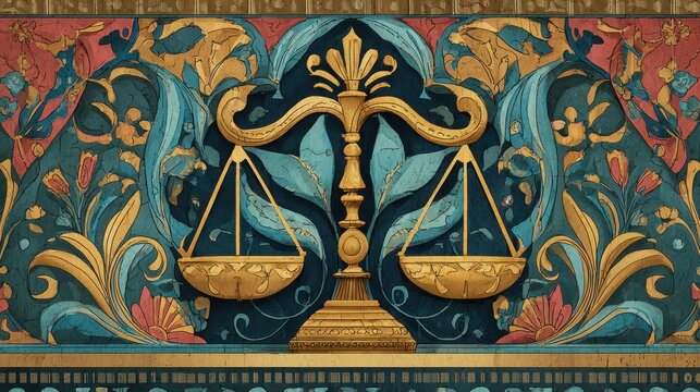 Ornate justice scales artfully placed amidst detailed floral and leaf patterned background