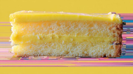 A delectable yellow cake slice showcases its moist texture and a glossy glaze, visually disrupted by digital glitches
