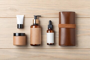 Skincare products on wooden surface: A top-down shot showcasing a collection of skincare items on a wooden surface, perfect for beauty, cosmetic, or wellness content.