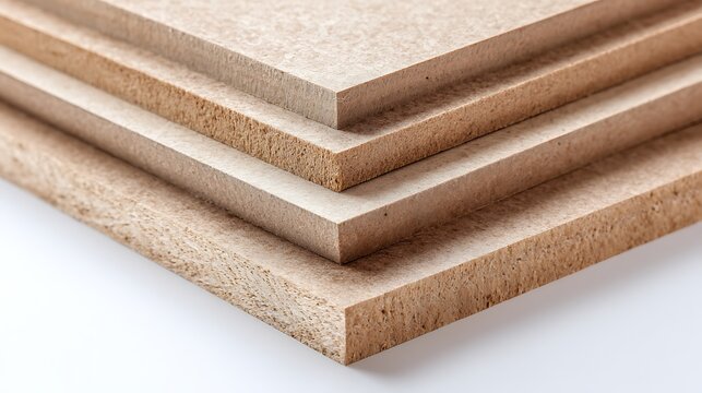 Stack of Unfinished MediumDensity Fiberboard (MDF) Boards, CloseUp View on White Surface