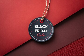 Black Friday Sale: An attractive tag with Black Friday Sale text against a geometric red background with a wood element.