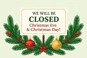 Festive Christmas Closure: A sign indicates closure for Christmas Eve and Christmas Day, decorated with seasonal ornaments and evergreen foliage.