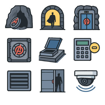 Tunnel ventilation sensor hatch superhero secret shaft rooftop vector icons hideout entrance
