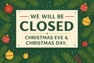 Holiday Closure: A festive holiday closure sign is artfully displayed with seasonal decorations and colors, perfect for retail or service businesses