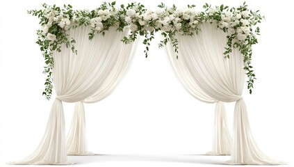 Elegant ivory draped archway adorned with cascading white flowers and greenery