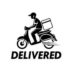 "Silhouette of a delivery person zooming on a scooter, side profile, with visible box strapped to the back. The figure is simplified and clean. Below the image is the word 'DELIVERED' in a sleek black