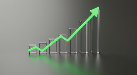 Upward trend financial graph showing business growth. A green arrow on a transparent bar chart represents statistics and success on a dark background.