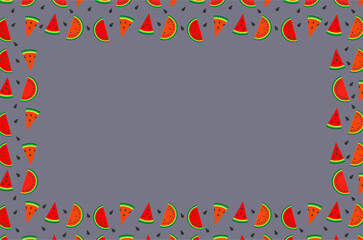 Colorful watermelon frame background. Summer watermelon fruit border with bright colors. Watermelon slice pattern background. Fun tropical watermelon frame design template. Vibrant fruity background.