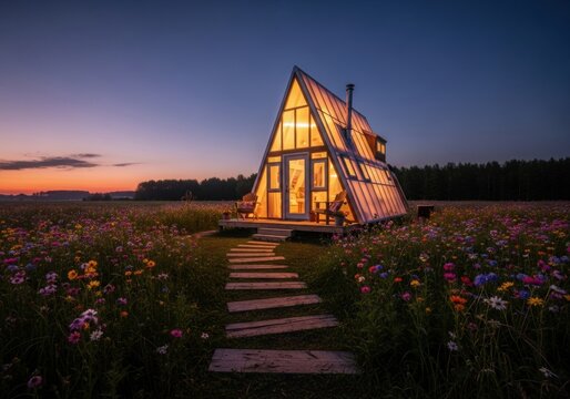Cozy A-frame cabin glowing at sunset in a vibrant wildflower field under twilight sky. - Powered by Adobe