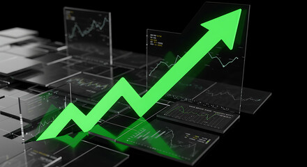 Technological interface with stock market data and a green arrow symbolizing financial growth and successful investment.