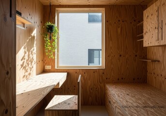 Compact wooden room with natural light, built-in desk, bed, and a hanging plant.