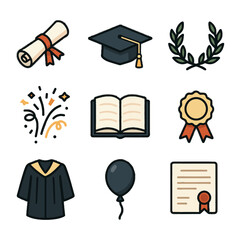 Cap balloon laurel scroll celebration gown academic burst graduation icons icon vector