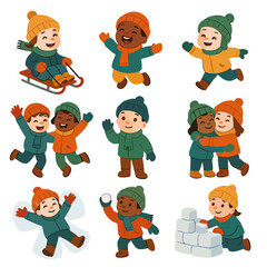 Toddler playground child waving icon sledding vector snow builder kid jumping snowy