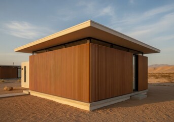 Modern desert cabin with vertical wood slats and flat roof under soft evening light.