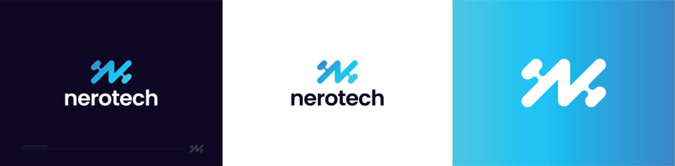 Set of abstract technology logo concepts with a stylized wave symbol. Modern brand identity for a tech company.