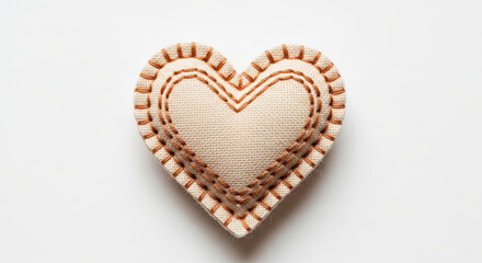 Close up of a handmade heart shaped fabric decoration with brown stitching on a white background