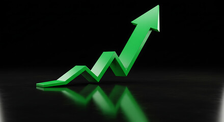 A 3D green arrow graph pointing upwards, symbolizing financial growth, business success, and a positive market trend on a reflective surface.