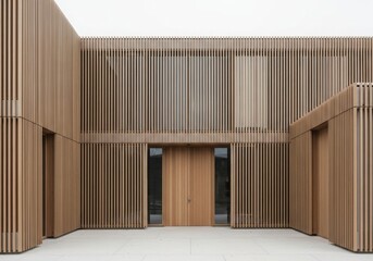 Modern facade with vertical wooden slats covering glass and doors, in a clean symmetrical design.