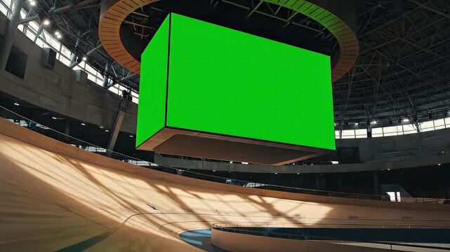 A large, cubic green screen jumbotron scoreboard hanging inside a modern, empty indoor velodrome stadium with a wooden track.