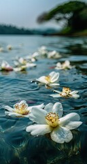 Delicate white flowers gently floating on a tranquil lake