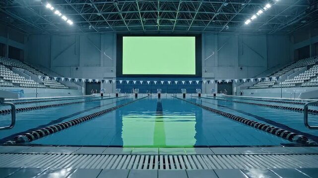 Indoor natatorium with competition lanes and a blank chroma key screen ready for advertising or scores.