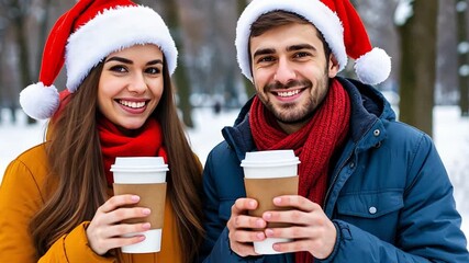 Smiling couple wearing festive Santa hats, enjoying steaming coffee from disposable cups while surrounded by a snowy park landscape