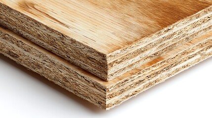 Stacked OSB Boards Showing Layers of Wood Flakes and Grains On White Background