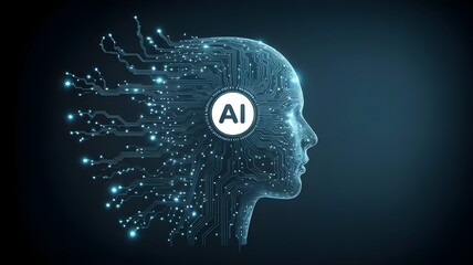 Obraz premium Explore futuristic AI technology with a digital circuit board head, perfect for illustrating innovation and cutting-edge advancements in your projects