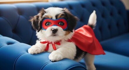 An adorable fluffy puppy wearing a red superhero cape and mask sits on a blue couch.