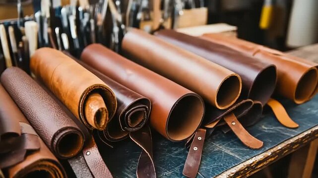 Rolled leather hides in various shades.