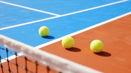 Three bright tennis balls rest on a vibrant blue and orange hard tennis court with the net in the foreground, illuminated by warm sunlight.