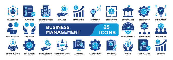 business managemet icon collection set. Containing strategy,planning,leadership,organization,finance,marketing,operations,governance,efficiency,innovation icon. dual tone vector.
